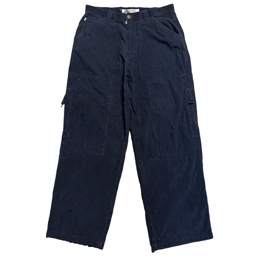 Vtg 90s Plugg Corduroy Baggy Double Knee Pants Skater 34x30 Loose Y2K Navy